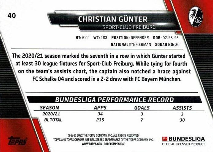 2021 Topps Chrome Bundesliga Christian Gunter #40 SC Freiburg