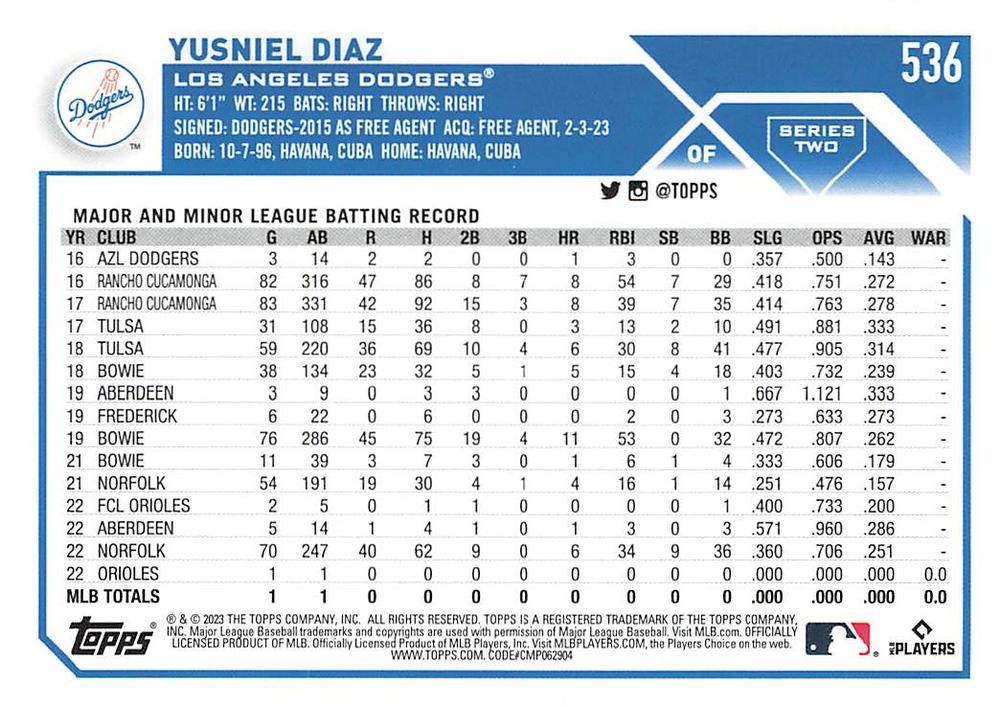 2023 Topps Series 2 Yusniel Diaz RC Los Angeles Dodgers #536
