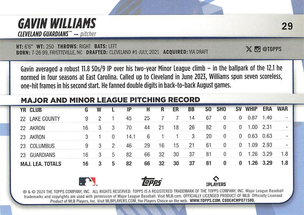 2024 Topps Big League Common Gavin Williams RC Cleveland Guardians #29