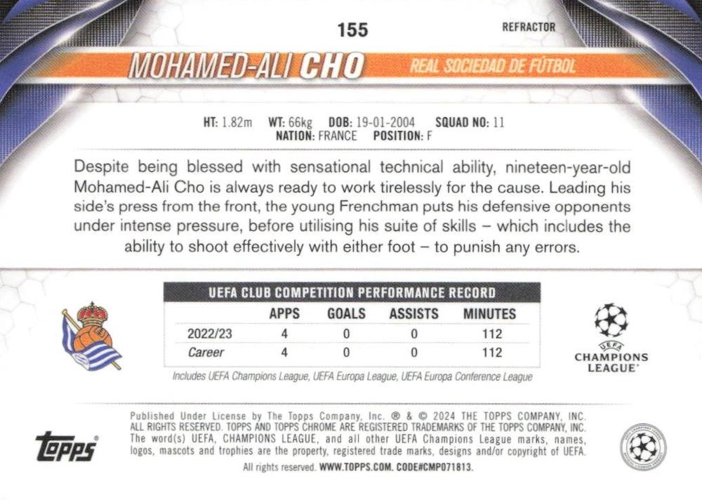2023 Topps Chrome UEFA Club Competitions Mohamed-Ali Cho Future Stars Refractor #155 Real Sociedad