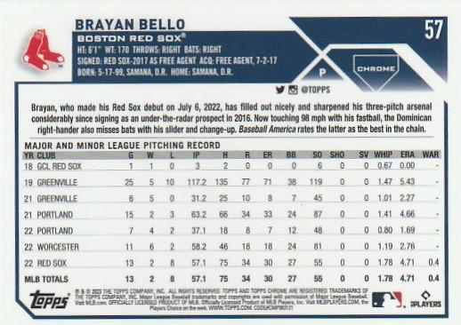 2023 Topps Chrome Brayan Bello RC Boston Red Sox #57