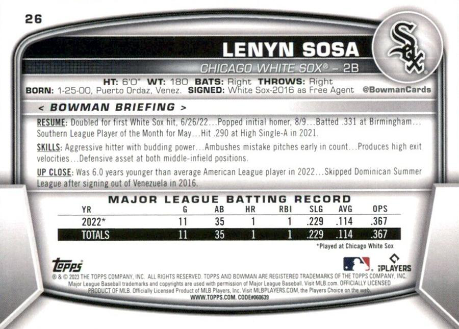 2023 Topps Bowman Lenyn Sosa RC Chicago White Sox #26