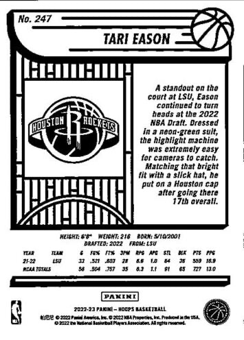 2022 Panini Hoops Tari Eason RC #247 Houston Rockets