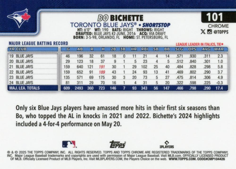 2025 Topps Chrome MLB Bo Bichette #101 Toronto Blue Jays