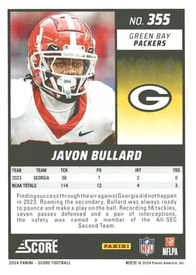 2024 Panini Score Football Javon Bullard Green Bay Packers #355 RC