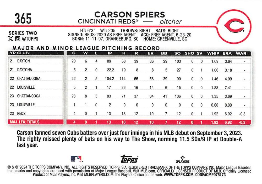2024 Topps Series 2 Carson Spiers RC Cincinnati Reds #365