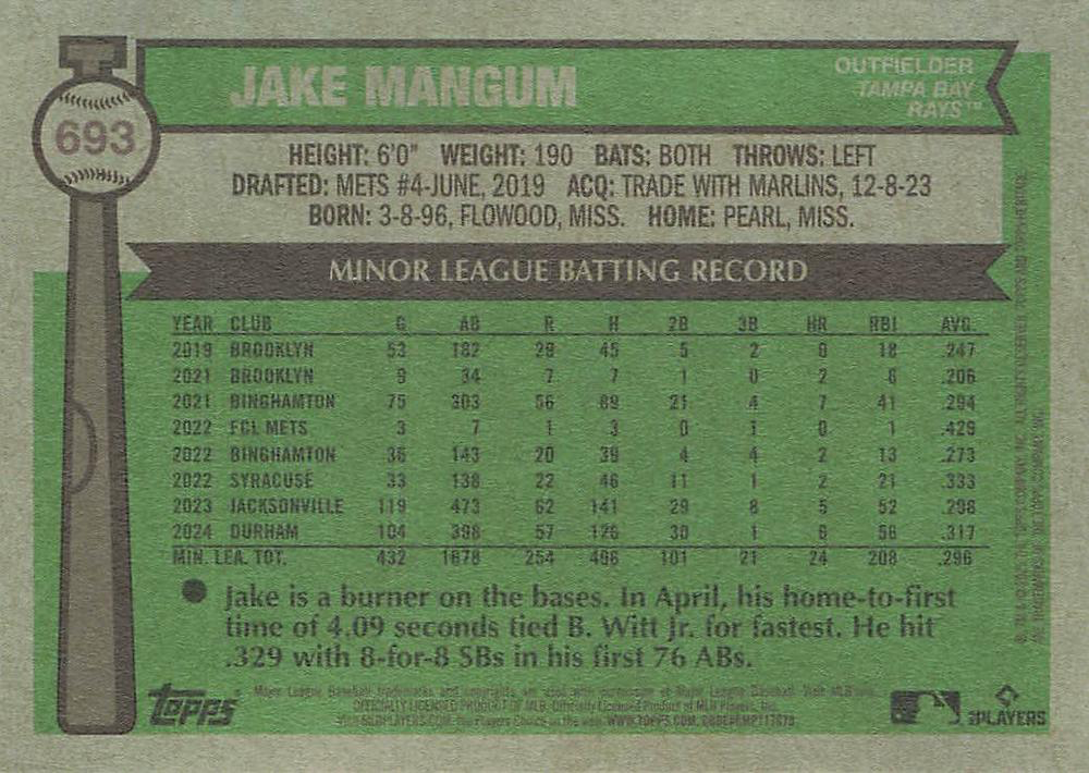 2025 Topps Heritage Jake Mangum RC #693 Tampa Bay Rays