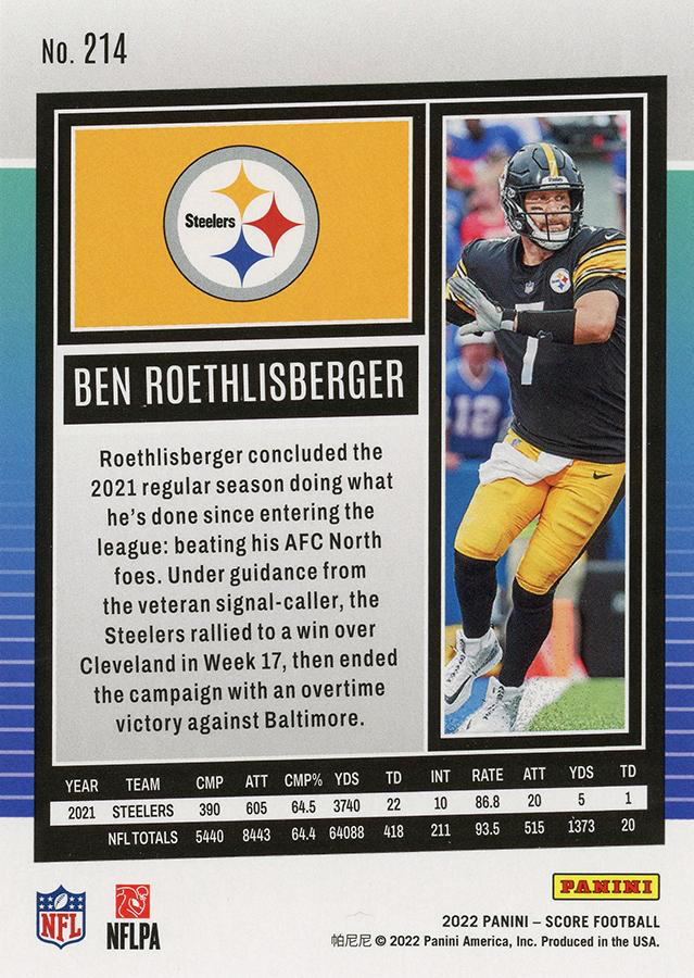 2022 Panini Score Ben Roethlisberger Pittsburgh Steelers #214