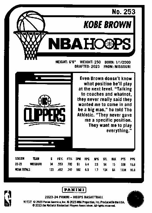 2023 Panini Hoops Kobe Brown RC #253 Los Angeles Clippers
