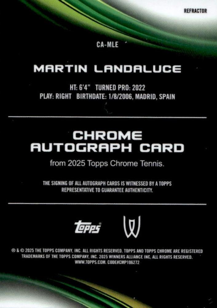 2025 Topps Chrome Tennis Refractor Autograph Martin Landaluce #CA-MLE