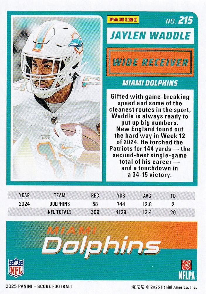 2025 Panini Score Jaylen Waddle #215 Miami Dolphins