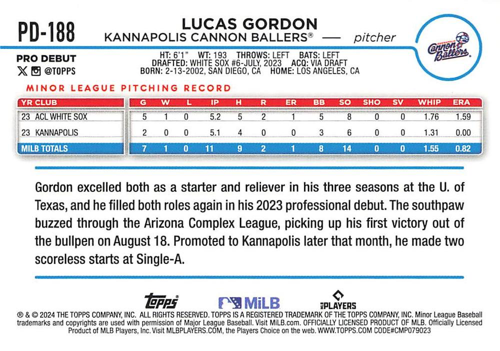 2024 Topps Pro Debut Lucas Gordon #PD-188 Kannapolis Cannon Ballers