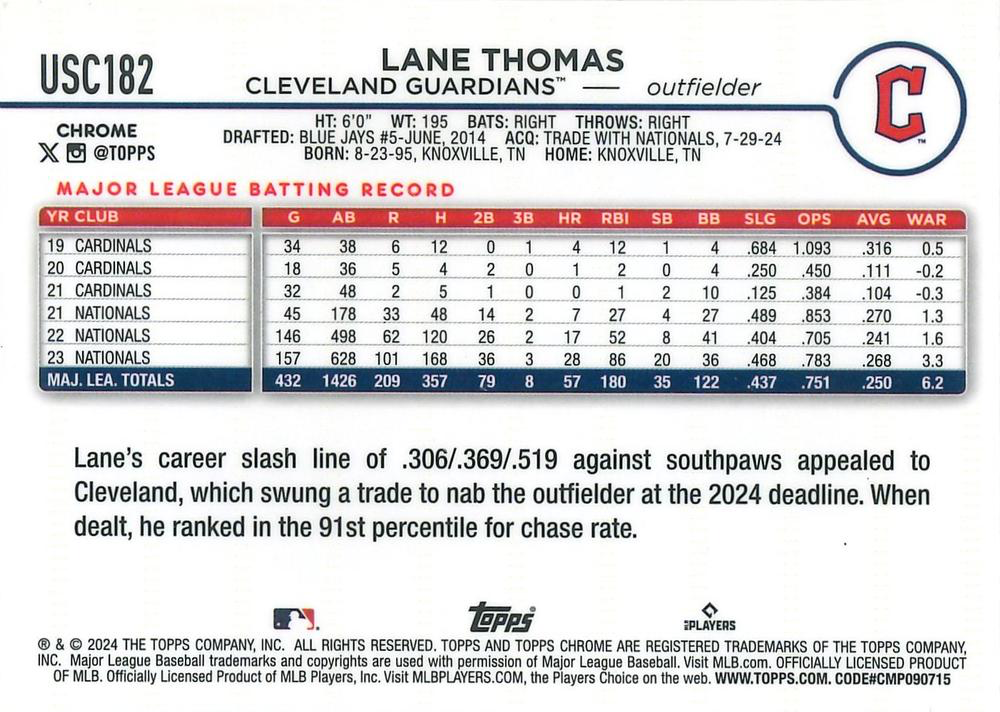 2024 Topps Chrome Update X-Fractor Parallel Lane Thomas Cleveland Guardians #USC182