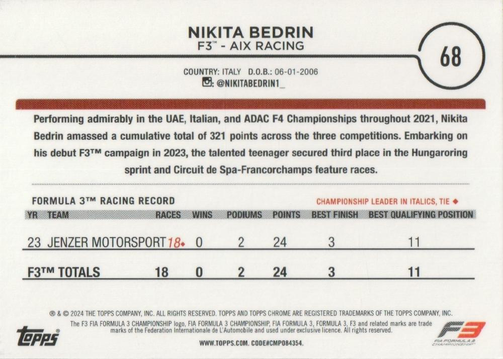 2024 Topps Chrome Formula 1 Nikita Bedrin F3D #68 Aix Racing