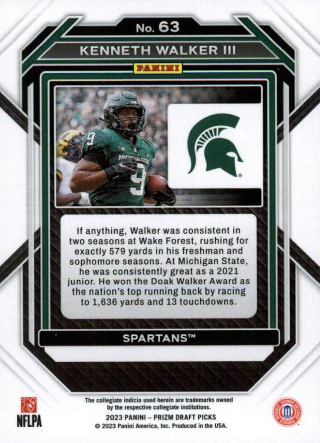2023 Panini Prizm Draft Picks Kenneth Walker III #63 Michigan State Spartans