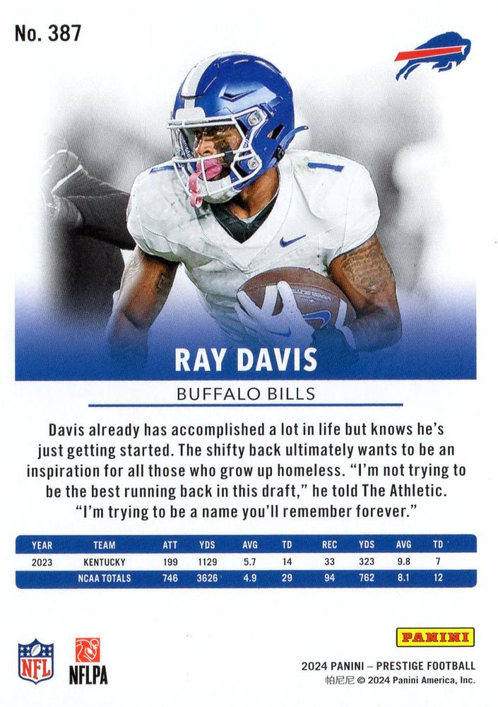 2024 Panini Prestige Ray Davis RC #387 Buffalo Bills