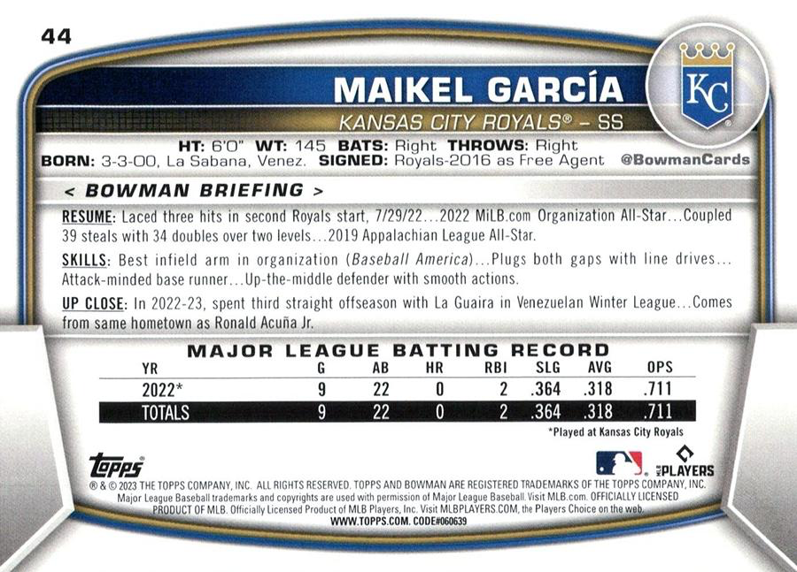 2023 Topps Bowman Maikel Garcia RC Kansas City Royals #44