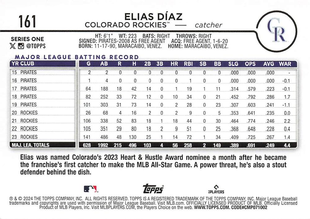 2024 Topps Series 1 Elias Díaz Colorado Rockies #161