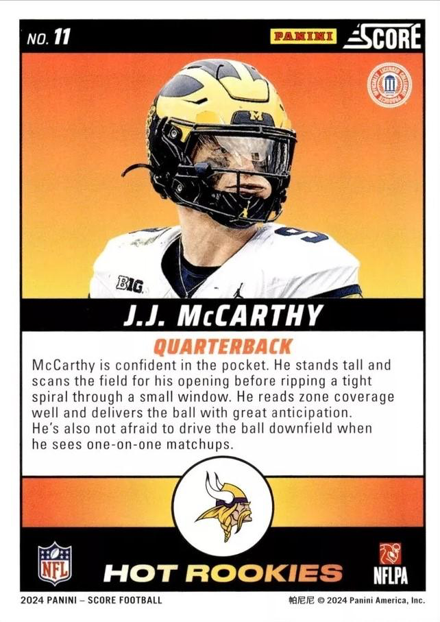 2024 Panini Score Football Hot Rookies J.J. McCarthy Minnesota Vikings #11 RC