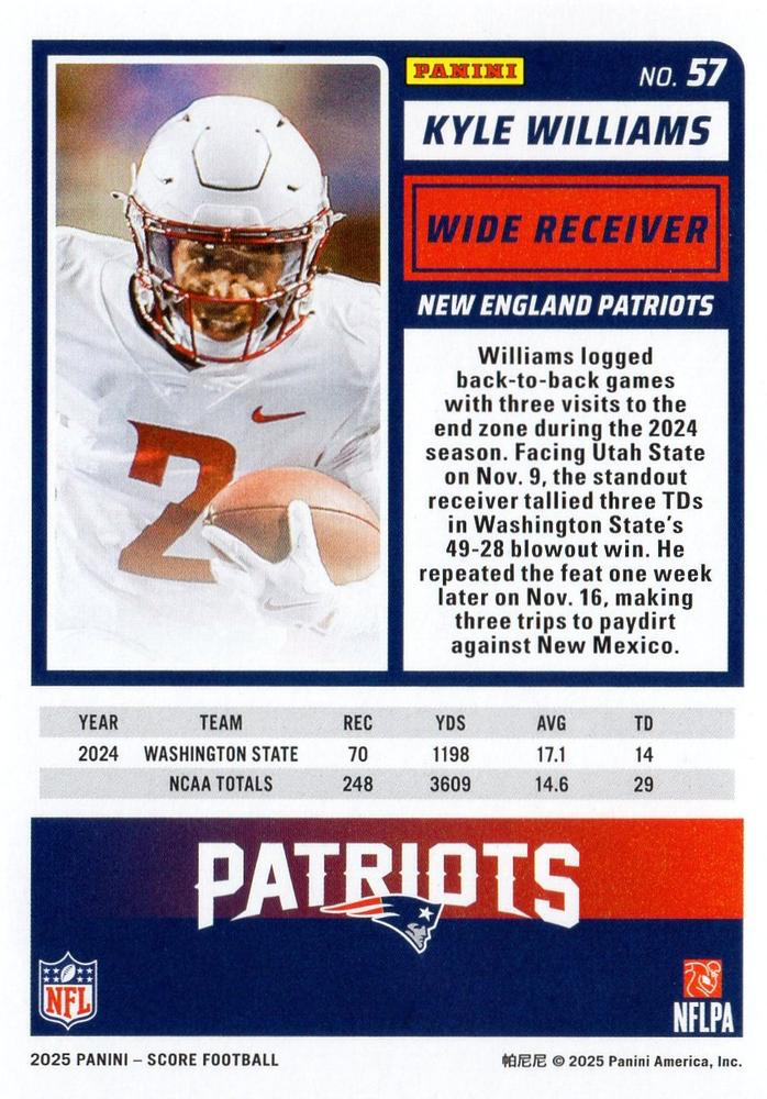 2025 Panini Score Kyle Williams RC #57 New England Patriots