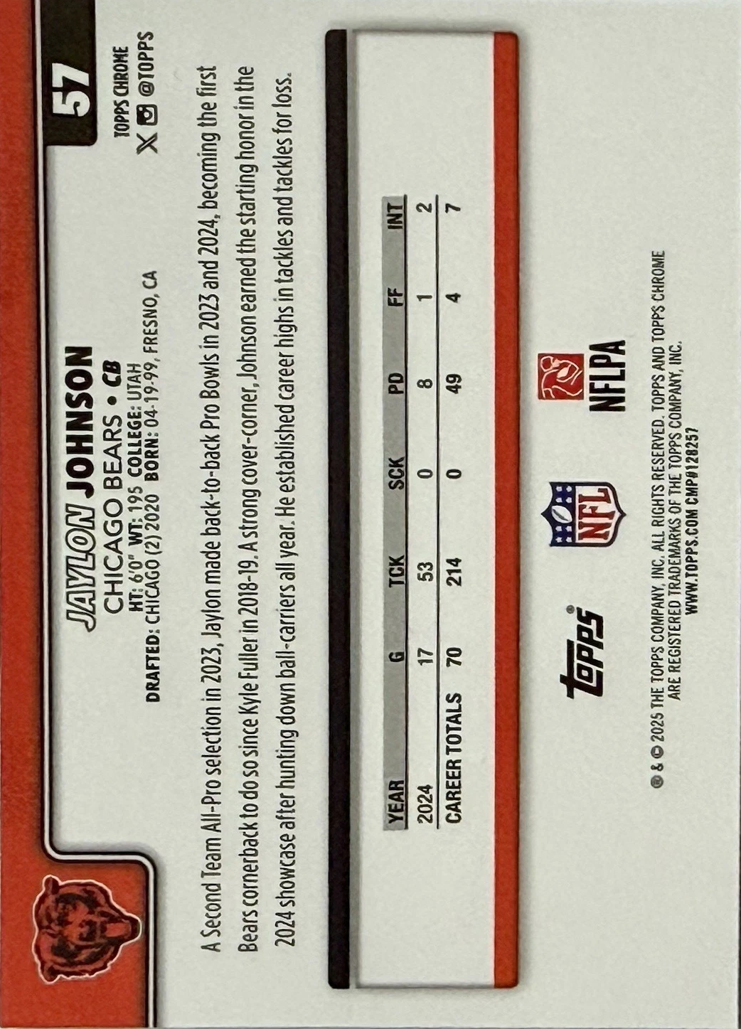 2025 Topps Chrome NFL Jaylon Johnson #57 Chicago Bears