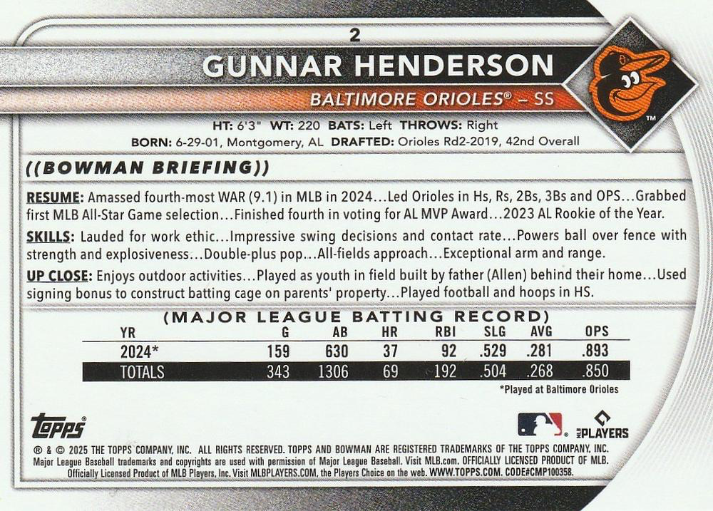 2025 Topps Bowman Gunnar Henderson Baltimore Orioles #2