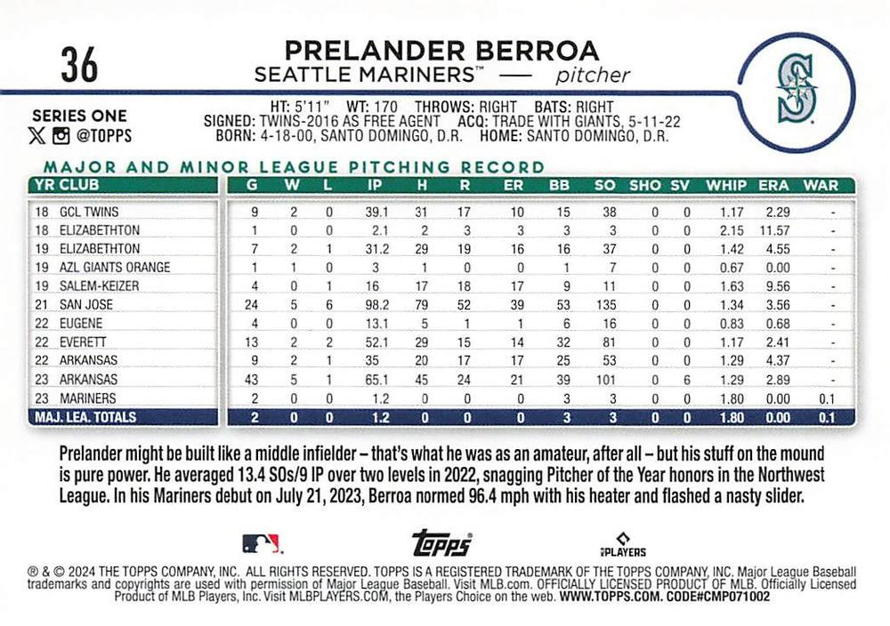 2024 Topps Series 1 Prelander Berroa RC Seattle Mariners #36