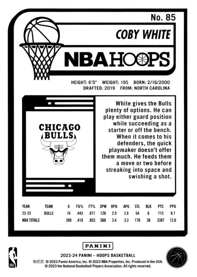 2023 Panini Hoops Coby White #85 Chicago Bulls