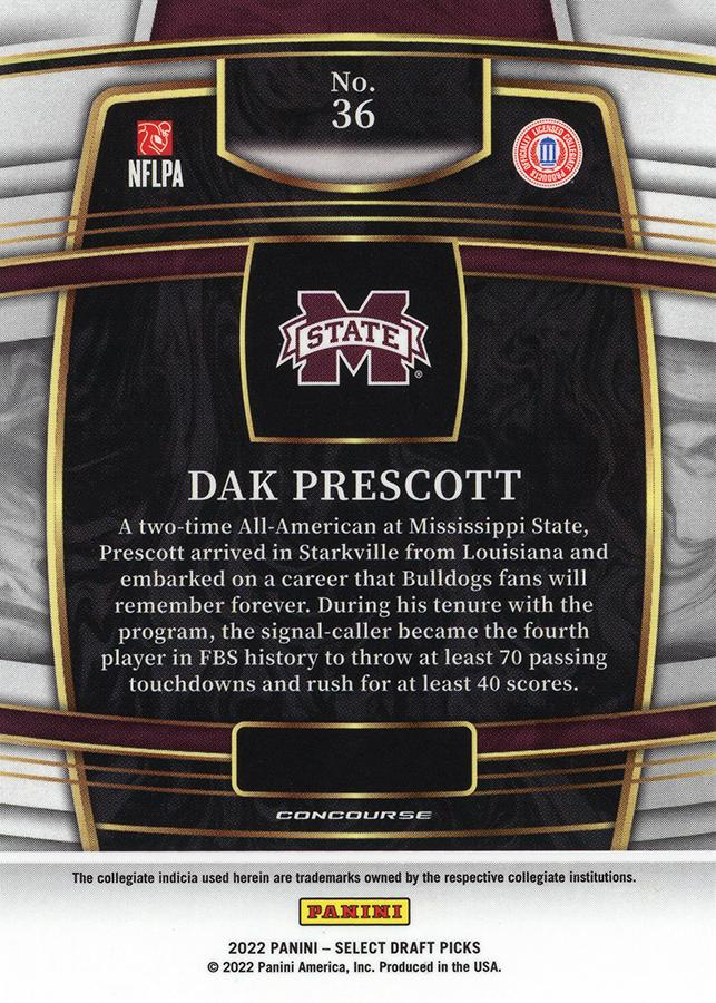 2022 Panini Select Draft Picks Blue Dak Prescott #36 Mississippi State Bulldogs