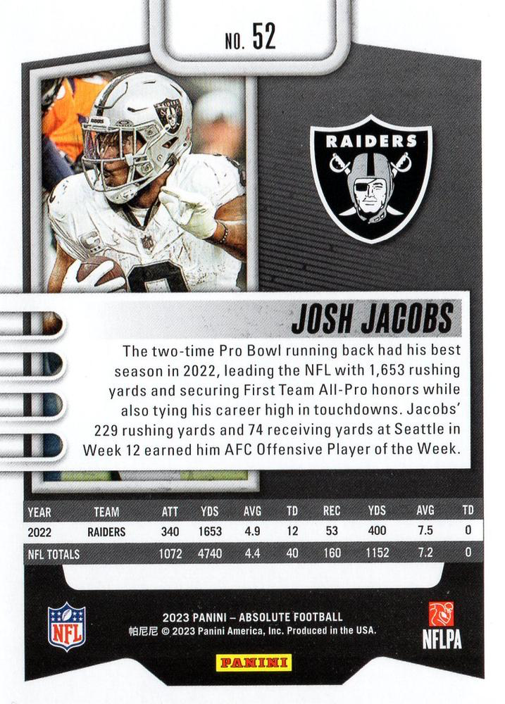 2023 Panini Absolute Josh Jacobs #52 Las Vegas Raiders
