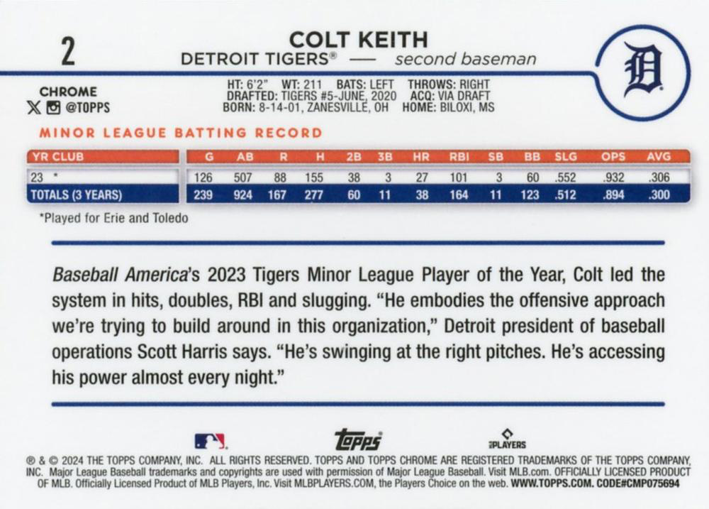 2024 Topps Chrome Colt Keith RC Detroit Tigers #2