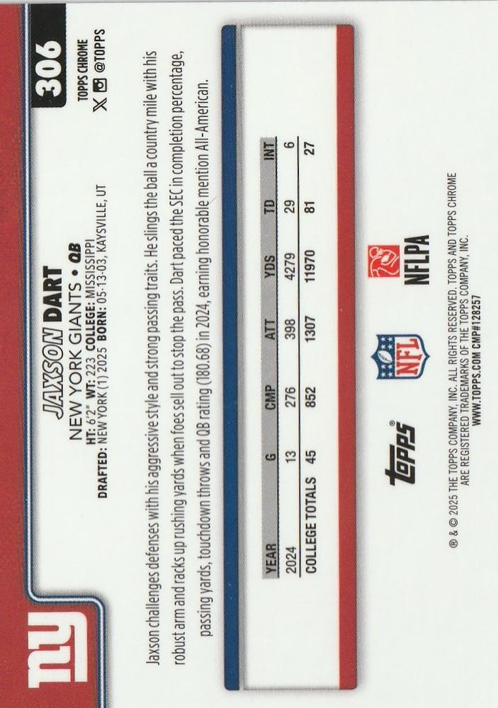 2025 Topps Chrome Jaxson Dart RC #306 New York Giants