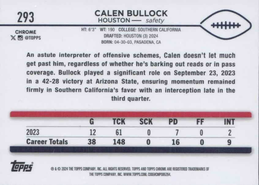 2024 Topps Chrome Football X- Fractor Calen Bullock RC #293 Houston Texans