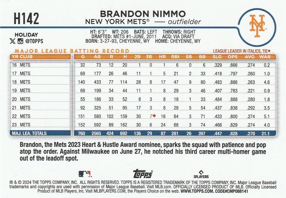 2024 Topps Holiday Brandon Nimmo New York Mets #H142