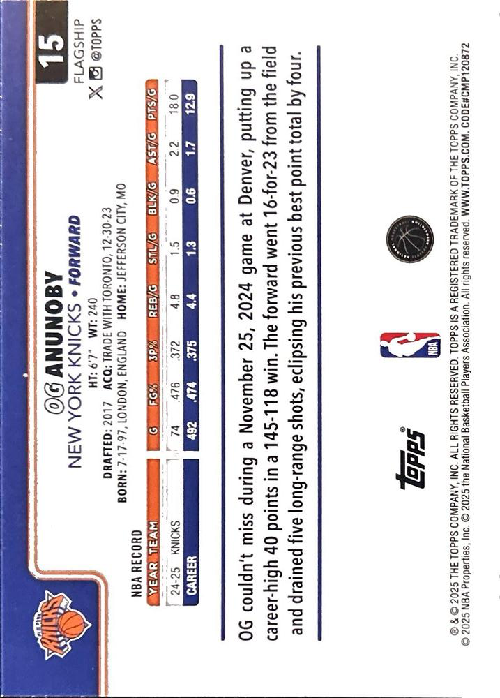2025 Topps NBA OG Anunoby #15 New York Knicks