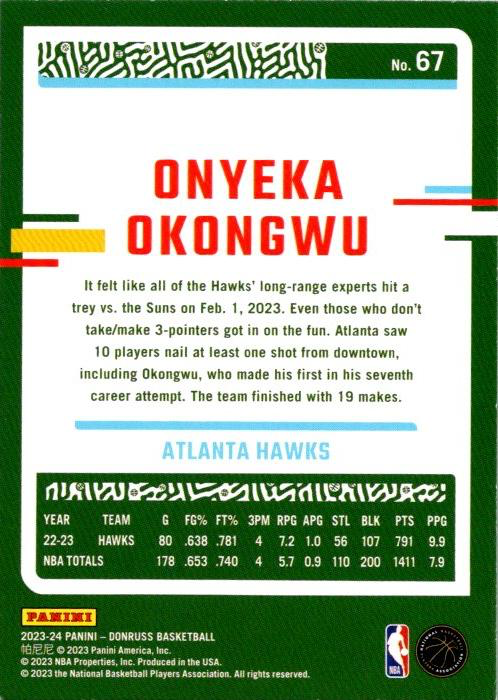 2023 Panini Donruss Onyeka Okongwu #67 Atlanta Hawks