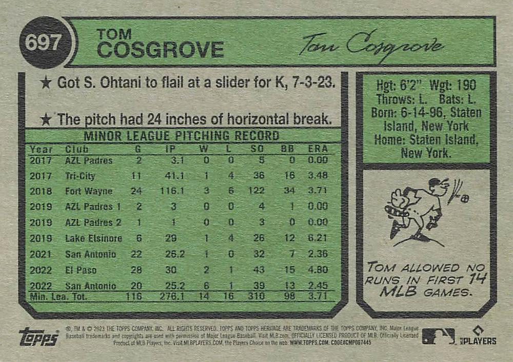 2023 Topps Heritage Tom Cosgrove RC San Diego Padres #697