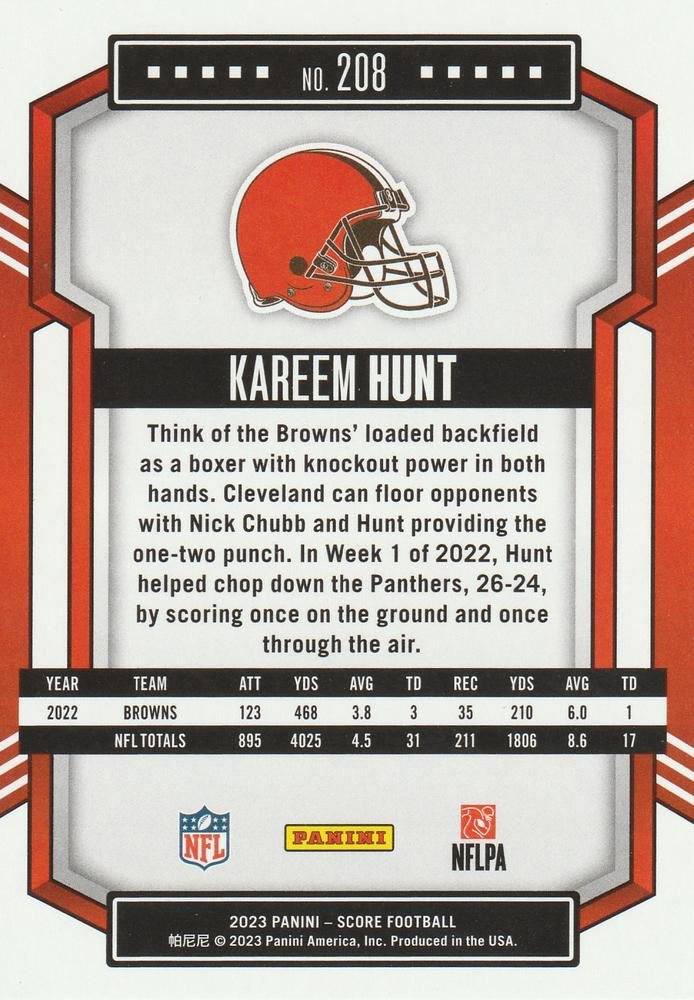 2023 Panini Score Football Kareem Hunt Cleveland Browns #208