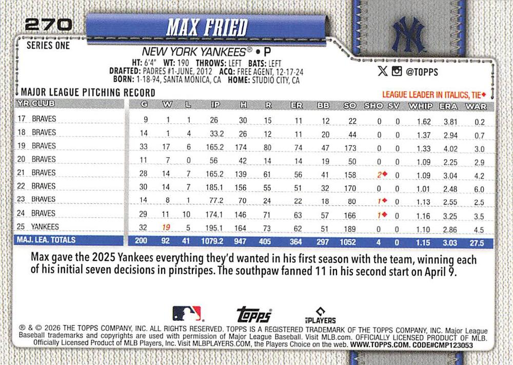 2026 Topps Series 1 Max Fried #270 New York Yankees