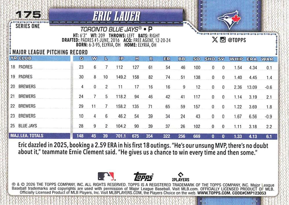 2026 Topps Series 1 Eric Lauer #175 Toronto Blue Jays