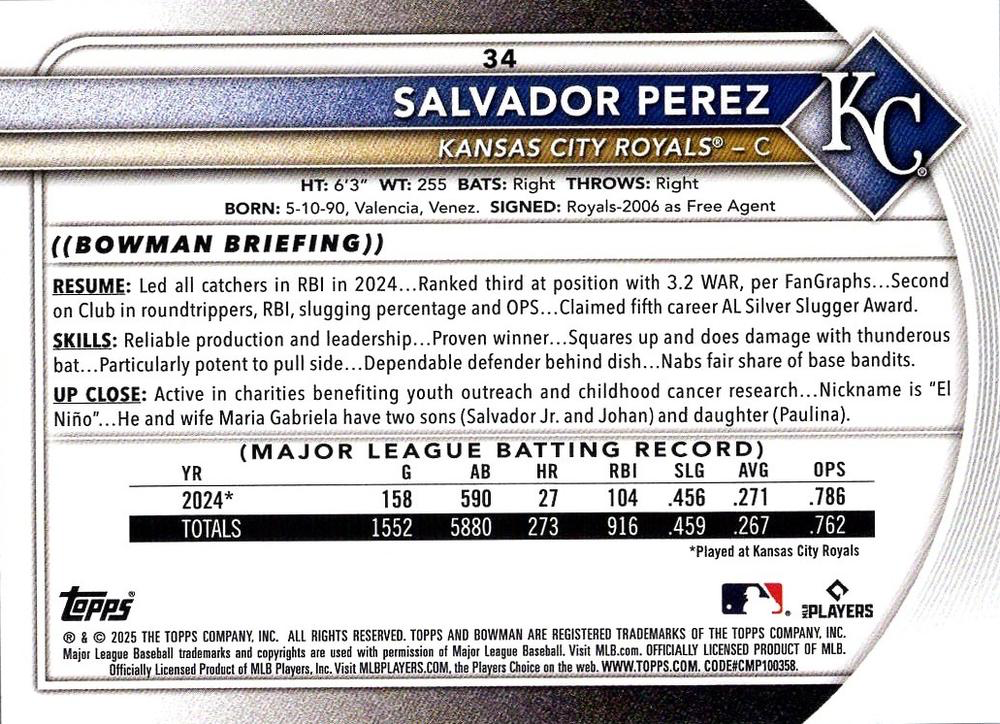 2025 Topps Bowman Salvador Perez Kansas City Royals #34