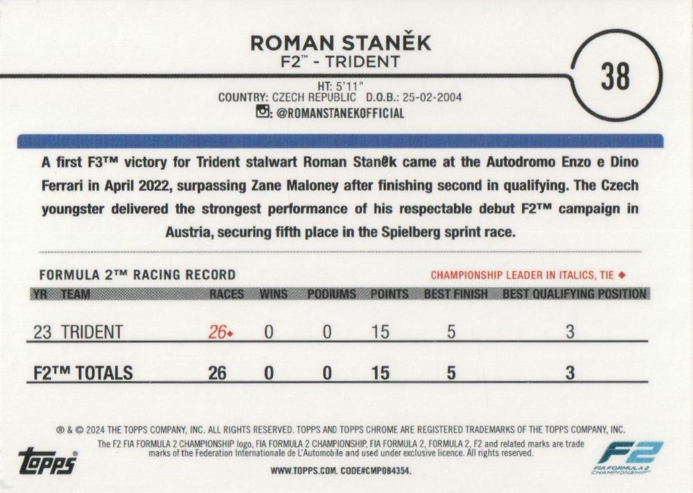2024 Topps Chrome Formula 1 Roman Stanek F2D #38 Trident