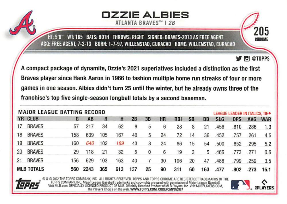 2022 Topps Chrome Ozzie Albies #205 Atlanta Braves