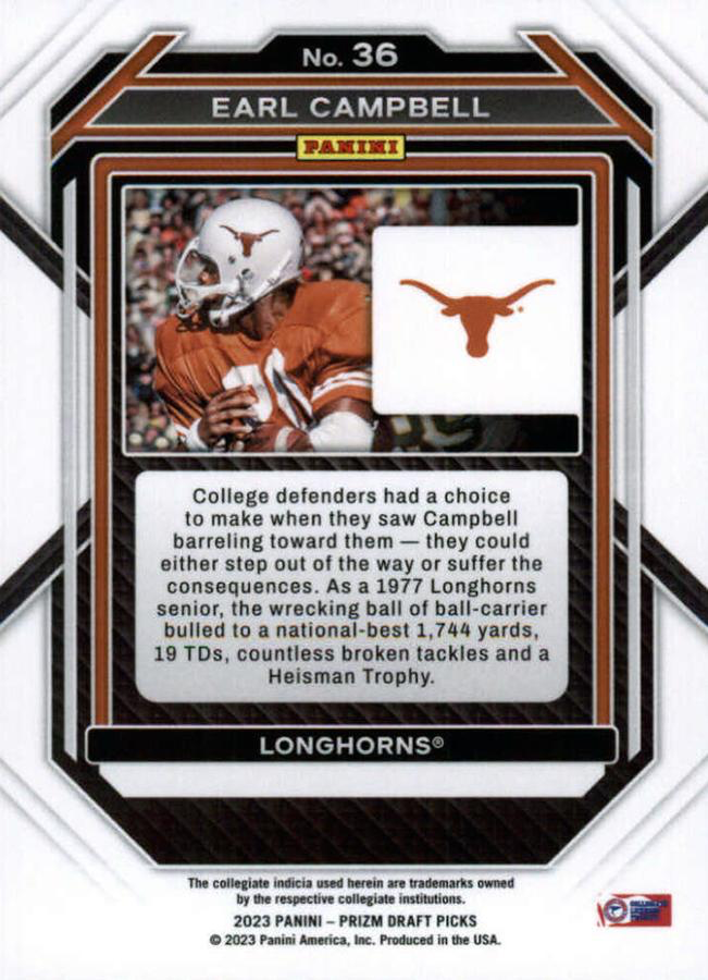 2023 Panini Prizm Draft Picks Earl Campbell #36 Texas Longhorns