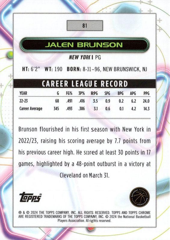 2023 Topps Chrome Cosmic Jalen Brunson #81 New York Knicks