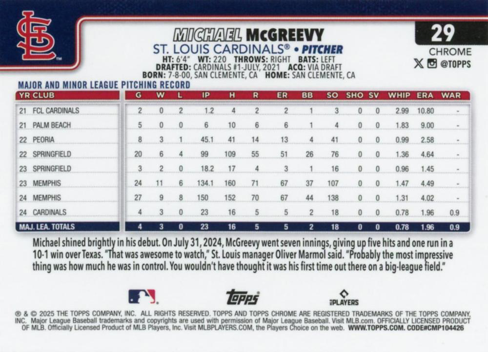 2025 Topps Chrome MLB Michael McGreevy RC #29 St. Louis Cardinals