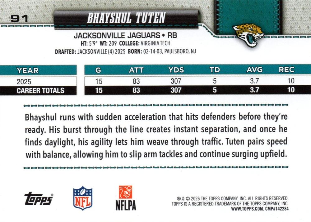 2026 Topps Flagship Bhayshul Tuten #91 Jacksonville Jaguars