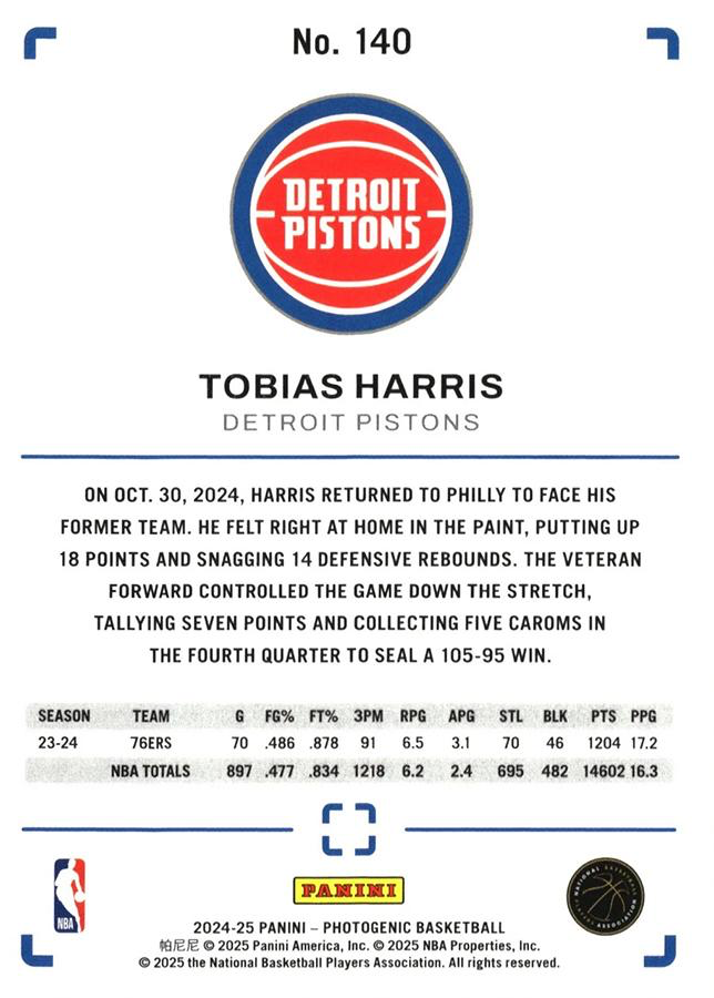 2024 Panini Photogenic Tobias Harris #140 Detroit Pistons
