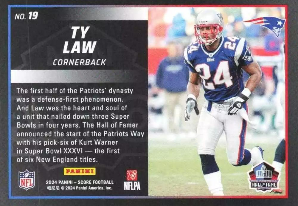 2024 Panini Score Football Men of Canton Ty Law New England Patriots #19