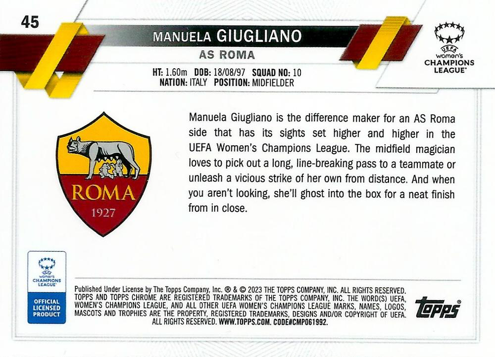 2022 Topps Chrome UCC Women's Manuela Giugliano RC #45 Roma Women